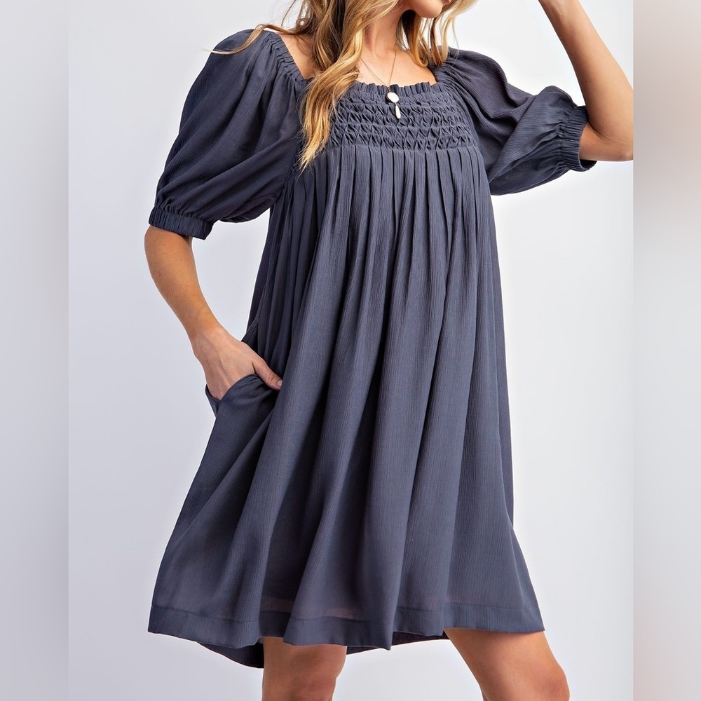 🔥🔥New Boutique Pleated Babydoll Poly Crepe Dress Faded Navy
